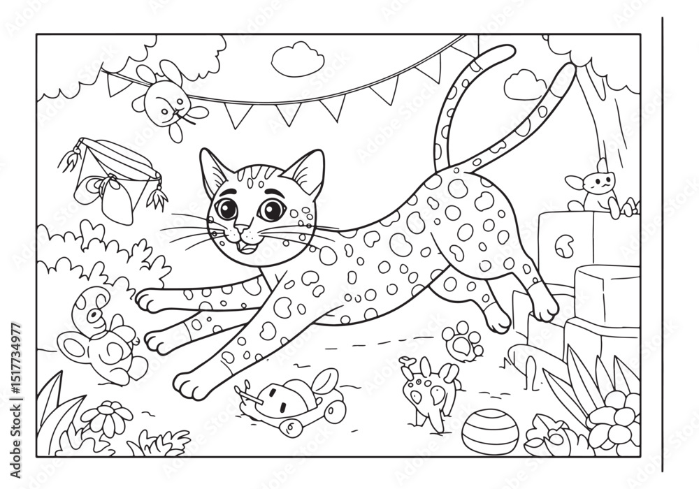 Naklejka premium Enchanting Chausie's playful escapade in a whimsical coloring bo