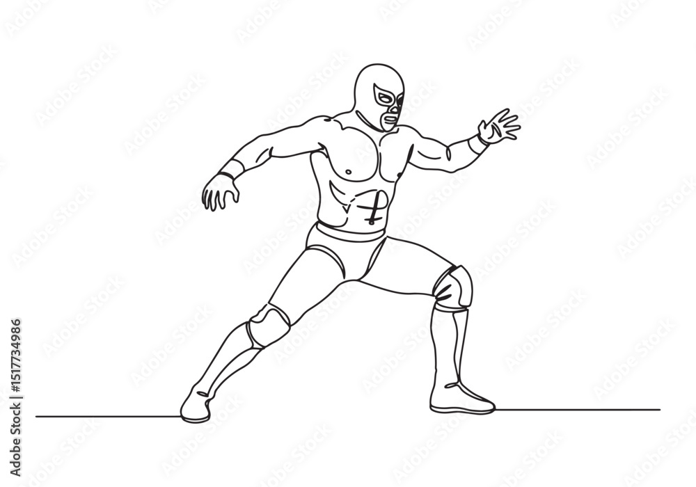 Naklejka premium Continuous line drawing of a male luchador in wrestling pose, bl