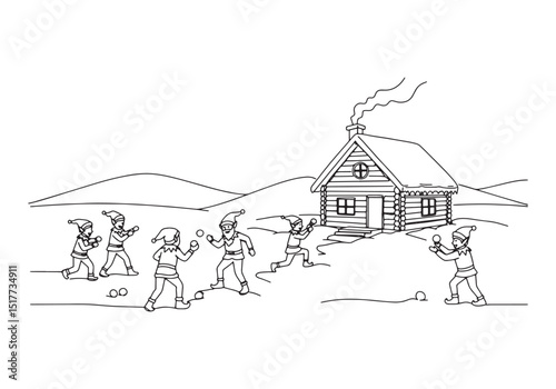 Festive elf snowball fight scene in winter landscape oneline dra