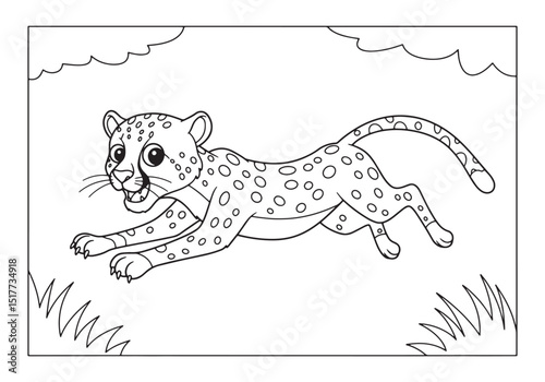 Cheetah on the Hunt, A playful coloring book page illustration f