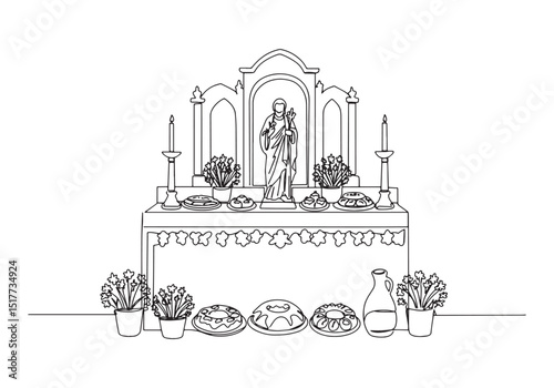 St Joseph's Day altar with traditional foods in continuous line