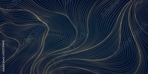 Vector line golden japanese wave, elegant sea ornament, art deco fancy background. Elegant banner, wavy fantasy pattern, curve abstract design.