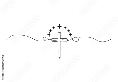 Minimalist continuous line art of a cross and stars symbolic des