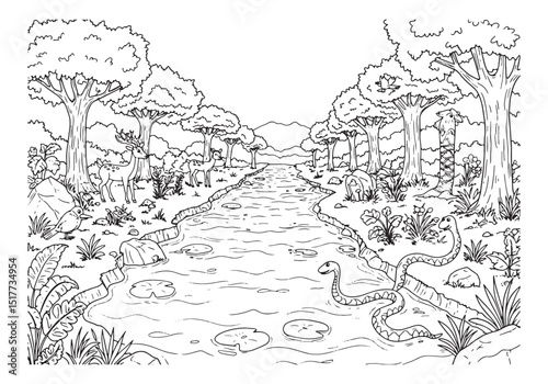 Enchanting coloring book illustration, A serene river scene with