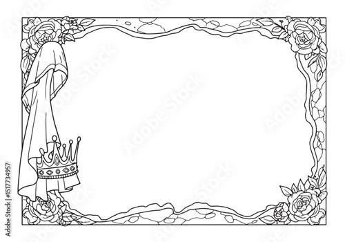 Elegant Floral Frame with Crown and Draping Fabric - Coloring Bo