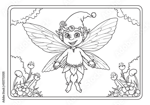 Vintage Whimsical Pixie Coloring Page for Children, A 1971 Black