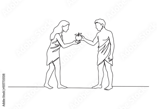 Adam and Eve offering the apple in continuous line art black and