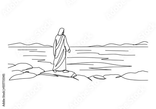 Continuous line drawing of Jesus Christ standing on a rocky shor