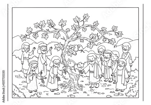 The Vine and the Disciples, A Detailed Coloring Page Illustratio