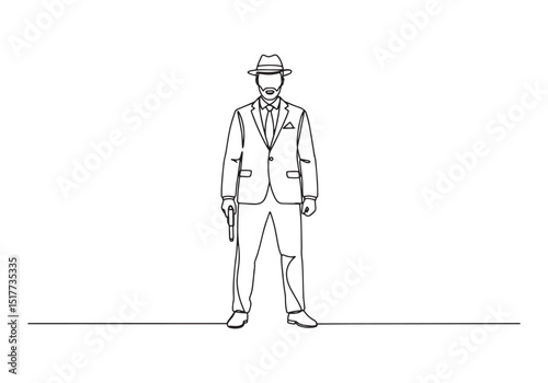 Continuous line drawing of a serious mafia man character in suit