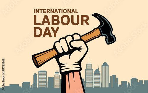 International labour day celebration with fist holding hammer and cityscape