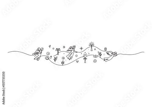 Angelic illustration with continuous line drawing of angels and