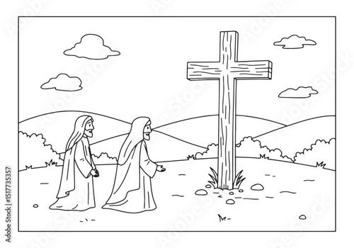 Jesus and his followers walking towards the cross coloring book