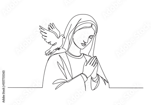 Elegant Continuous Line Drawing of Virgin Mary with Dove of Peac