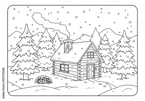 Winter Wonderland Cabin, A Cozy Coloring Page for All Ages and S