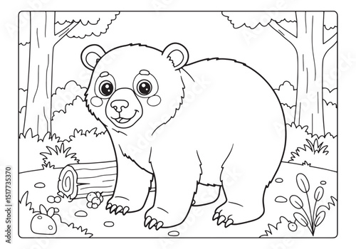 Adorable bear cub in forest coloring page for kids and education