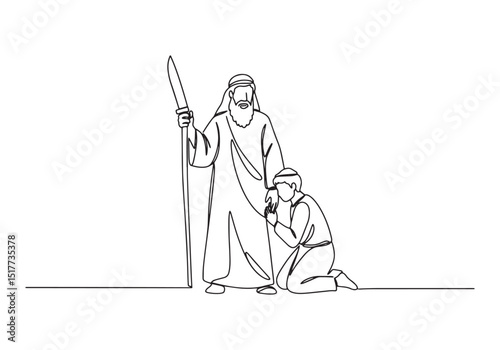 A minimalist continuous line drawing of the sacrifice of isaac i