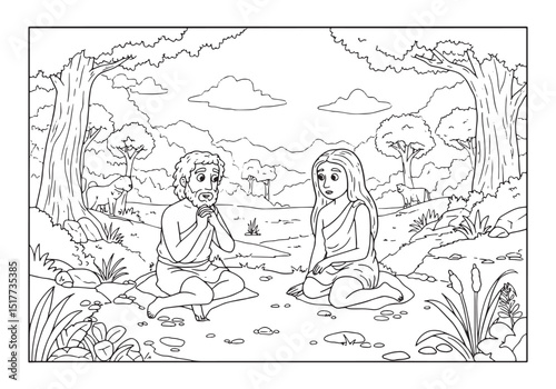 Adam and Eve in Garden of Eden Coloring Page Black and White Art
