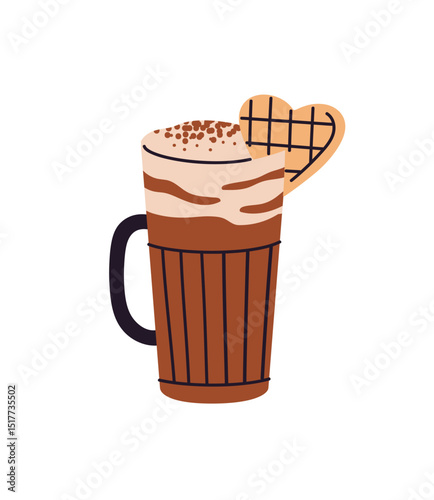 Cup of coffee with milk is decorated with heart shape waffle. Glass of macchiato, frappe in coffeehouse. Mug of drink, beverage with cream foam. Flat isolated vector illustration on white background