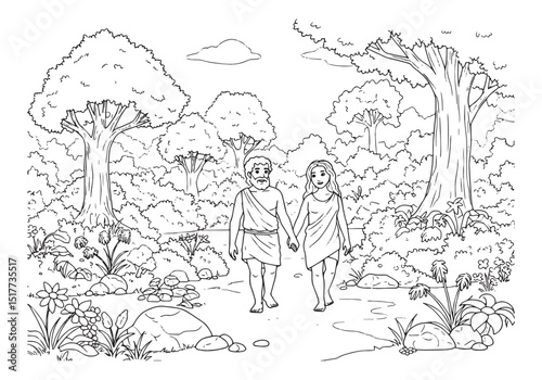 Adam and Eve walking hand in hand in the Garden of Eden, a black