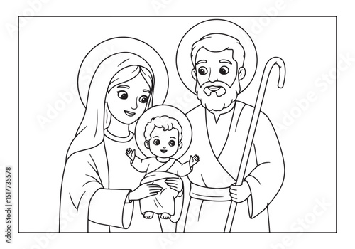 Nativity Scene Coloring Page, Holy Family with Baby Jesus Illust