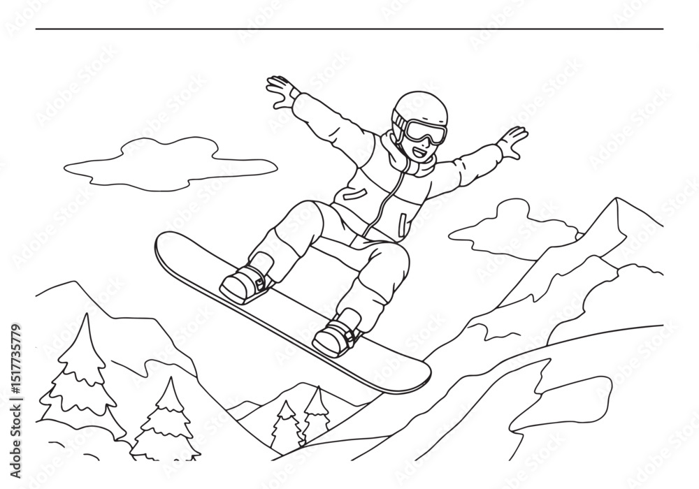 Fototapeta premium Male snowboarder carving through mountain snow, vintage line art