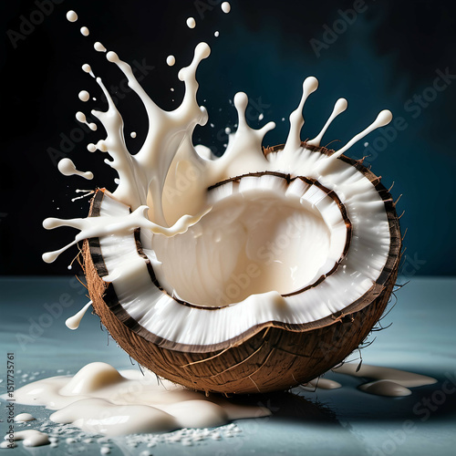 A whole coconut cracked open with milk splash frozen mid-air.
