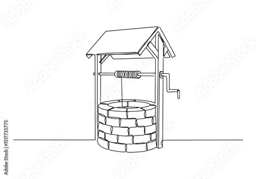 Minimalist line art of a water well structure on a white backgro