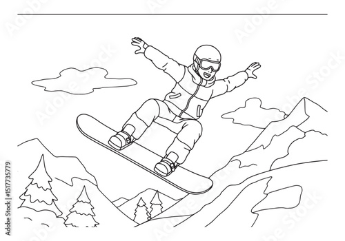 Male snowboarder carving through mountain snow, vintage line art