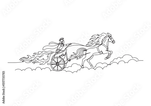 A continuous line drawing of a fiery chariot race with a horse a