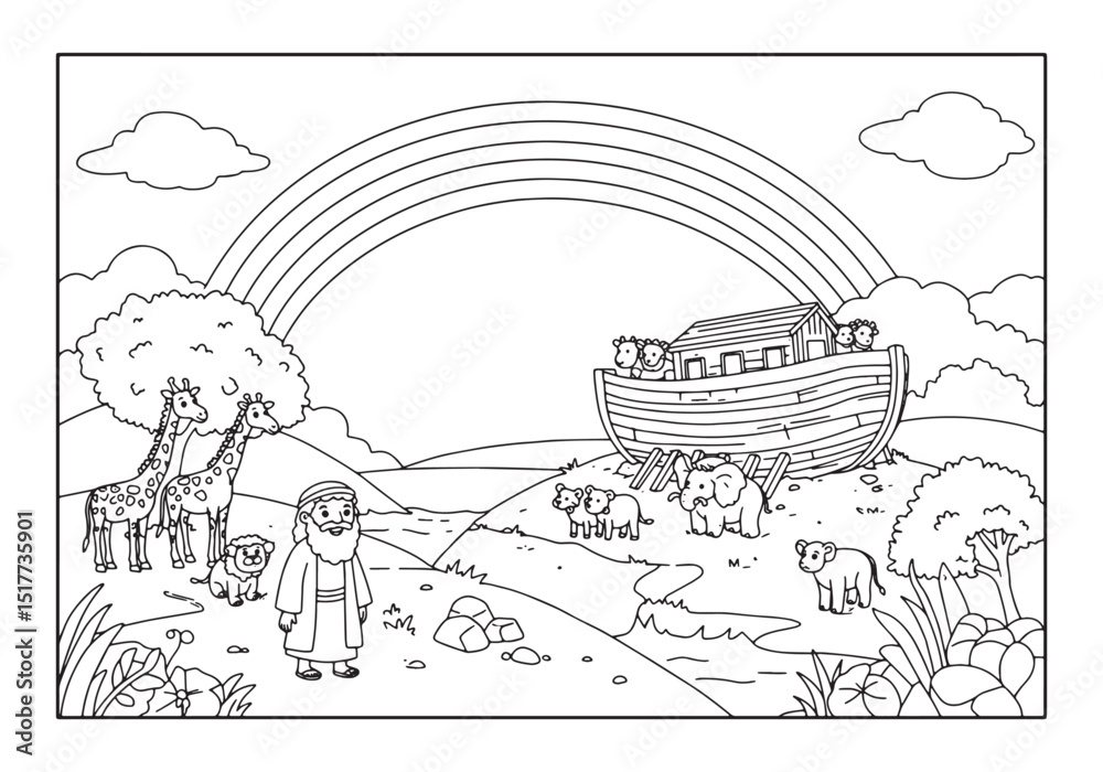 Fototapeta premium Noah's Ark Coloring Page with Rainbow and Animals Illustration