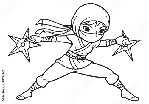 Female Ninja Warrior Coloring Page, Ready to Strike with Throwin