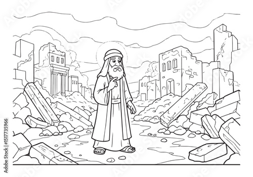 Detailed Zephaniah Coloring Page, A Prophet Amidst Ruined Citysc