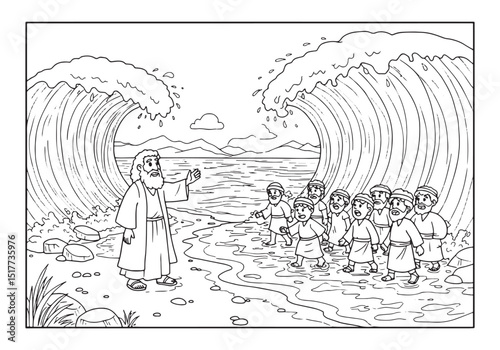 Moses parts the red sea coloring page illustration for children