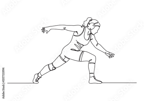 Continuous Line Drawing of Female Wrestler in Action Stance Illu