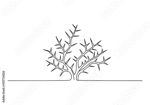 Minimalist continuous line drawing of a thorny bush against whit