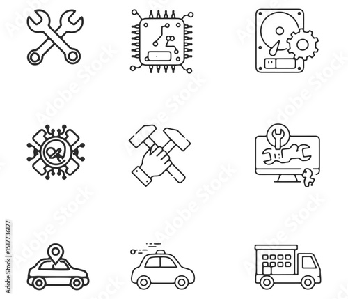 Line Icon Set Tools, Repair, Settings, Technology & Customization Doodle