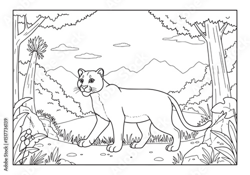 Detailed cougar outline illustration in a serene forest coloring