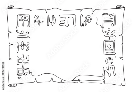 Detailed ancient glyphs on scroll in coloring book drawing style