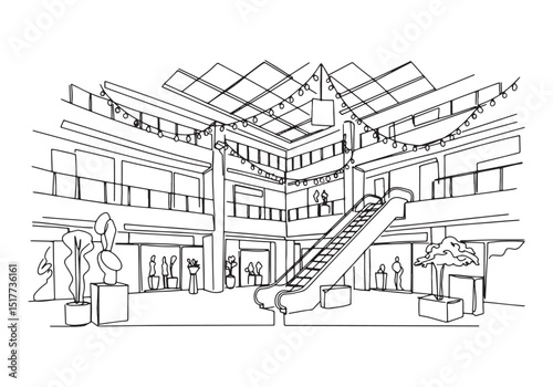 Modern Shopping Mall Interior, Continuous Line Drawing Black and