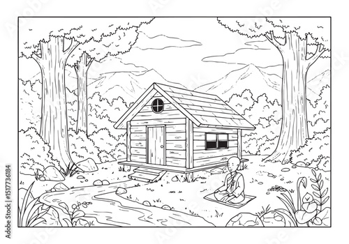 Serene solitude black and white illustration of a monk in nature