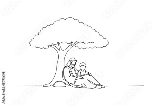 Jesus and a child resting in peace under a tree continuous line