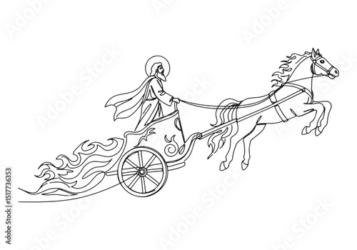 Continuous line drawing of Eli's ascension in a fiery chariot, b