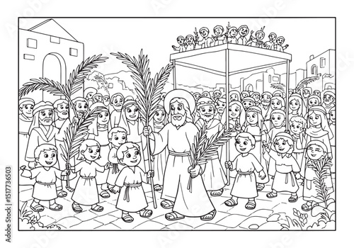 Black and white illustration depicting Palm Sunday procession fo