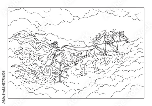 Illustration of Fiery Chariot with horses in coloring book style