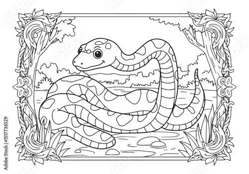 Enchanting boa constrictor outlined in coloring book style black