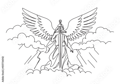 Celestial Guardian, Angel with Sword in Continuous Line Art Illu