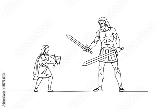 David versus Goliath battle depicted in a continuous line drawin
