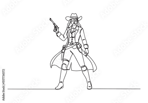 Continuous line drawing of a confident female bandit with a gun