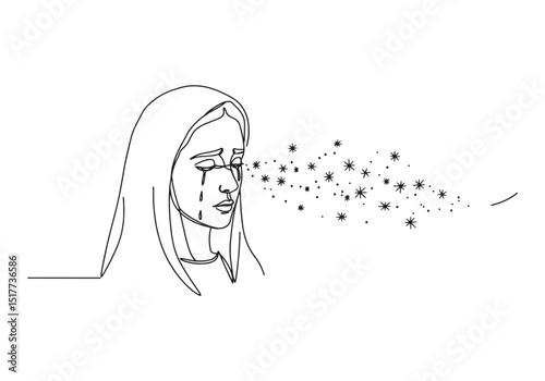 Elegant continuous line drawing of a weeping woman with transfor